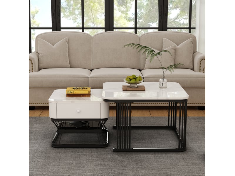  Tables basses gigognes avec 1 tiroir et rangement ouvert, finition brillante effet marbre, pour salon  - Conforama B