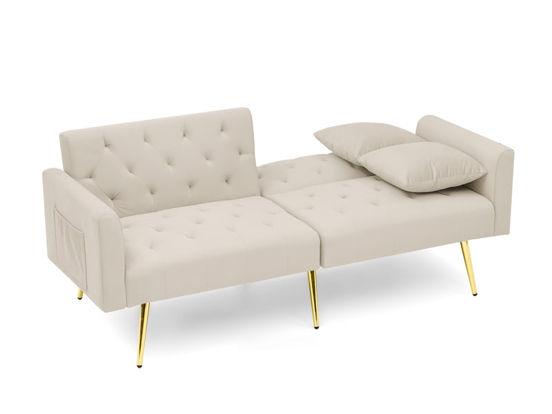 Canapé convertible 2 places 177x78x74 cm beige en velours, dossier réglable 3 positions et 2 coussins  - Conforama D