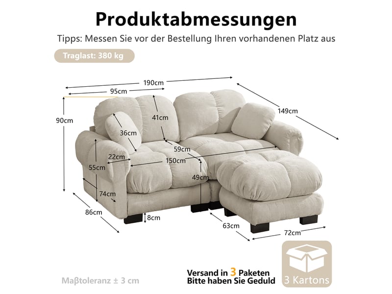 Canapé d'angle 2 places 190 cm canapé modulable en chenille avec 1 pouf mobile, design matelassé, coussins épais, dossier ergonomique, kaki clair Bliss Lite - Conforama C