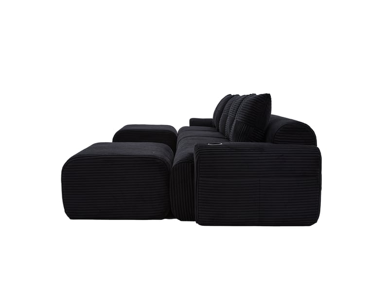  Canapé modulable 4 places en velours côtelé noir avec 2 poufs, porte-gobelet et poche latérale  - Conforama A