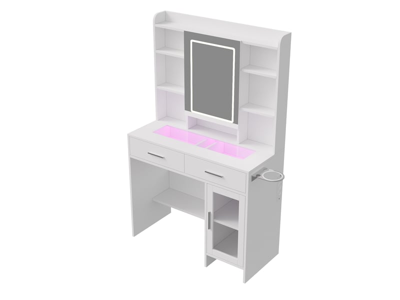  Coiffeuse maquillage - 89,8 x 40 x 145 cm - blanc - table de maquillage avec plateau en verre, miroir led, tiroirs et étagères de rangement  - Conforama A