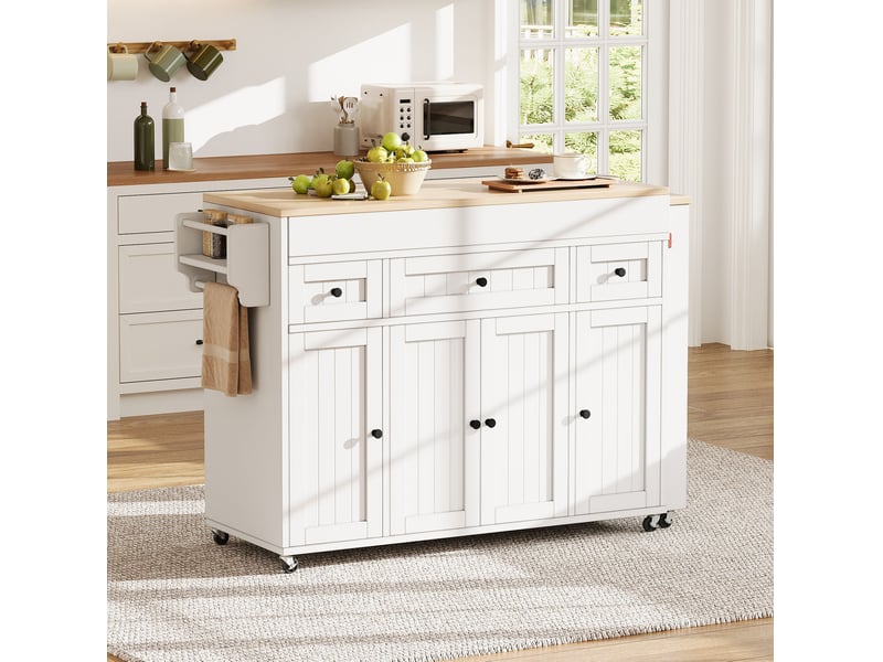  Îlot de cuisine sur roulettes extensible 137-190,6x45,2x92 cm avec rangement et 3 tiroirs, en mdf et aggloméré, finition blanc naturel  - Conforama B