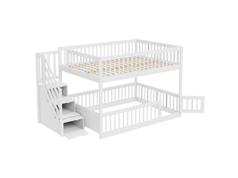 Lit superposé avec escalier sécurisé et rangements, bois blanc, 140x200 cm, tiroirs intégrés - Conforama D