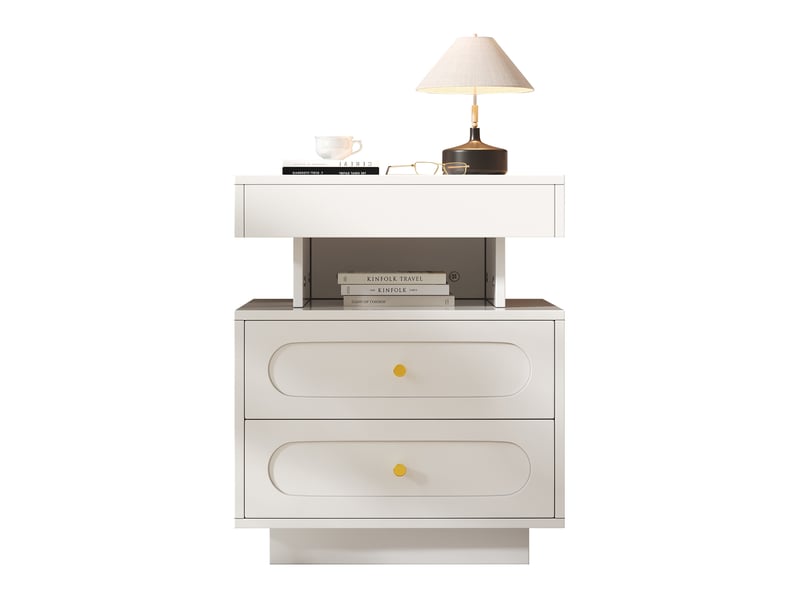  Table de chevet 50x40x60 cm avec éclairage led, 2 tiroirs, espace de rangement ouvert, panneau de particules, blanc  - Conforama A