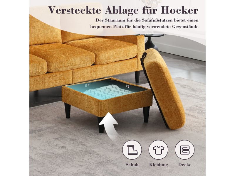  Canapé 4 places, canapé de salon – en velours, avec rangement, poches latérales, avec accoudoirs, porte-gobelets, avec pouf  - Conforama E