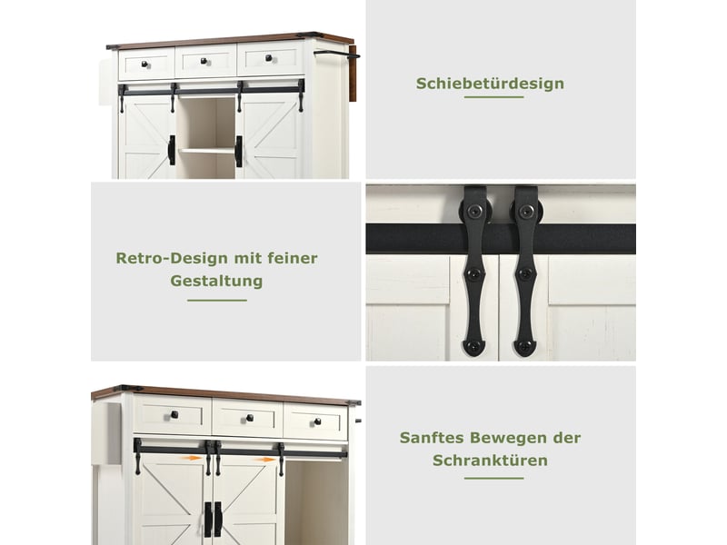  Îlot de cuisine mobile beige 140 × 45 × 94cm, sur roulettes, 3 tiroirs, portes coulissantes  - Conforama E