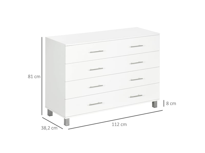  Commode à 4 tiroirs avec pieds, design moderne, idéale pour le salon et l'entrée, 112 x 38,2 x 81 cm, blanche  - Conforama E