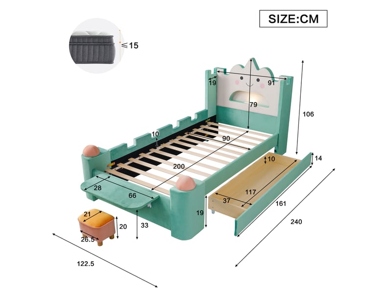  Lit enfant, 90x200 cm, led usb et tiroir, chambre, solution pratique, matelas non inclus, bois, coloris bleu et vert  - Conforama C