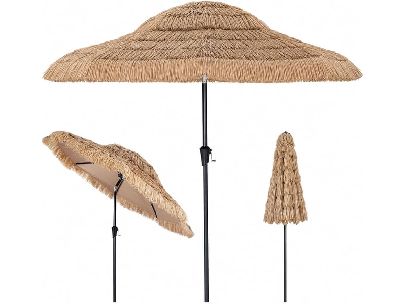  275cm parasol paille pe de jardin exterieur avec toit inclinable 30° | parasol terrasse exotique hawaien avec manivelle, 8 baleines  - Conforama B