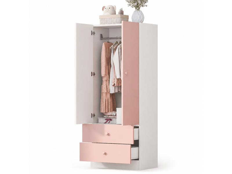  Armoire penderie 2 portes avec 2 tiroirs 70 x 40 x 170 cm, rose et blanche  - Conforama A