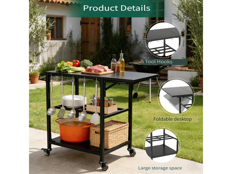 Table pour barbecue d'extérieur en métal avec roulettes, tablette, crochets et housse amovible, compatible kamado 53 à 66 cm - Conforama B