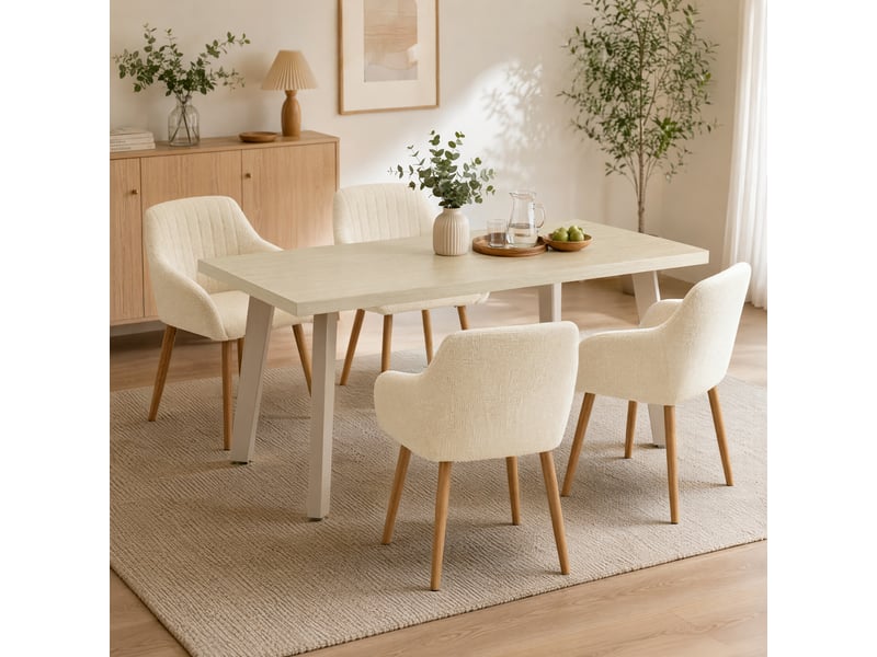 Ensemble table et 4 chaises - table rectangulaire 160x80 cm monobloc en travertin et pieds métal, 4 chaises en chenille crème et pieds bois - Conforama A