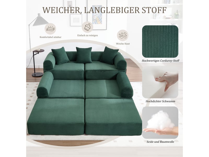 Canapé modulaire avec rangement 270x180x64 cm en velours côtelé vert émeraude, 3 places pour toute la famille - Conforama D