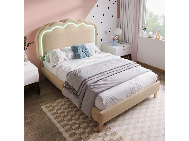 Lit simple led 90x190 cm en lin beige avec tête de lit réglable - Conforama C