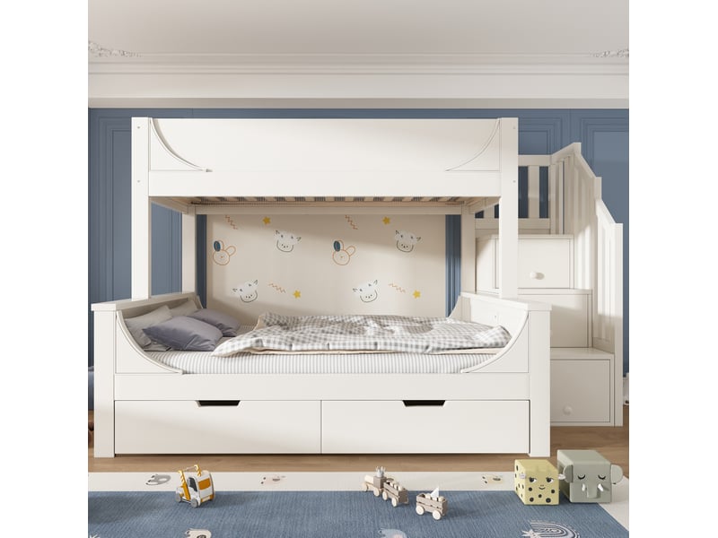  Lit superposé enfant 90 x 200 et 140 x 200 cm avec escalier de rangement, blanc  - Conforama E