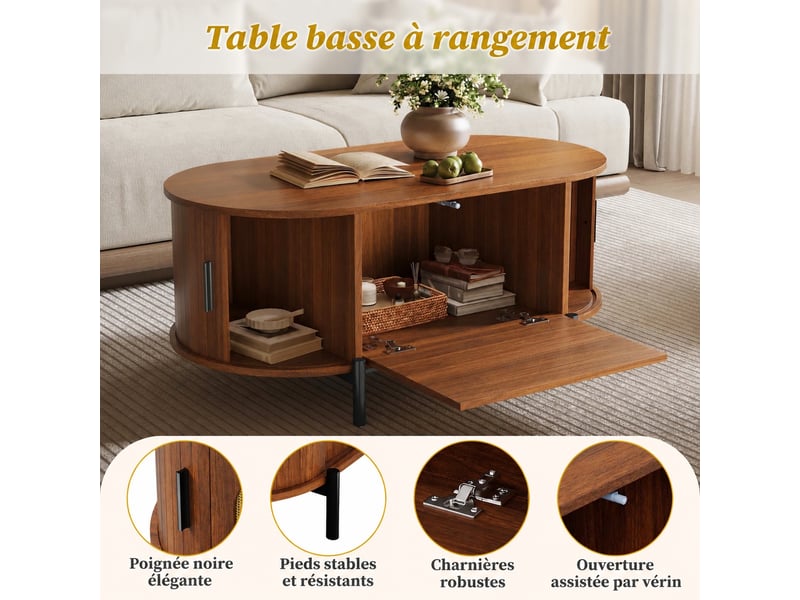  Table basse ovale effet noyer et rotin avec rangement, 100 x 50 x 40 cm  - Conforama E