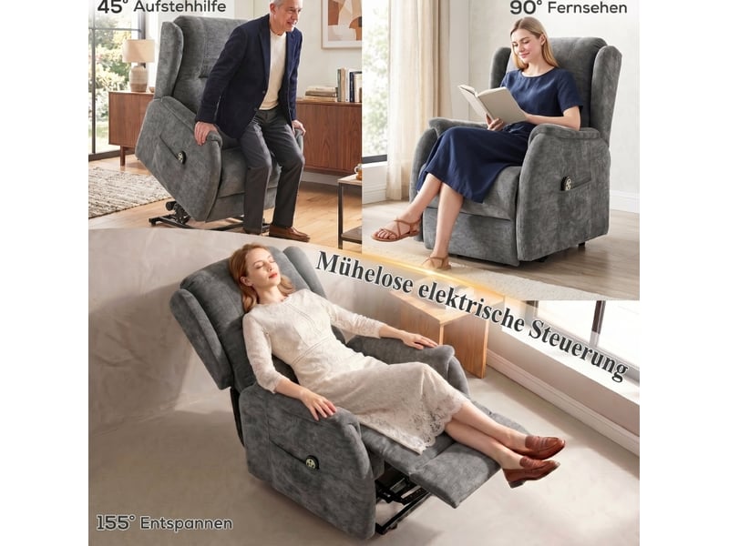  Fauteuil relax électrique avec aide au lever, double moteur, télécommande et poches latérales en chenille gris foncé  - Conforama E