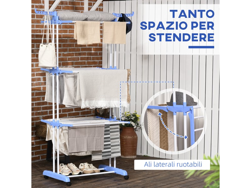  Étendoir à linge pliable à 4 niveaux avec ailettes rotatives et 4 roues, en acier et polypropylène, 73 x 64 x 177 cm, blanc et argent  - Conforama D