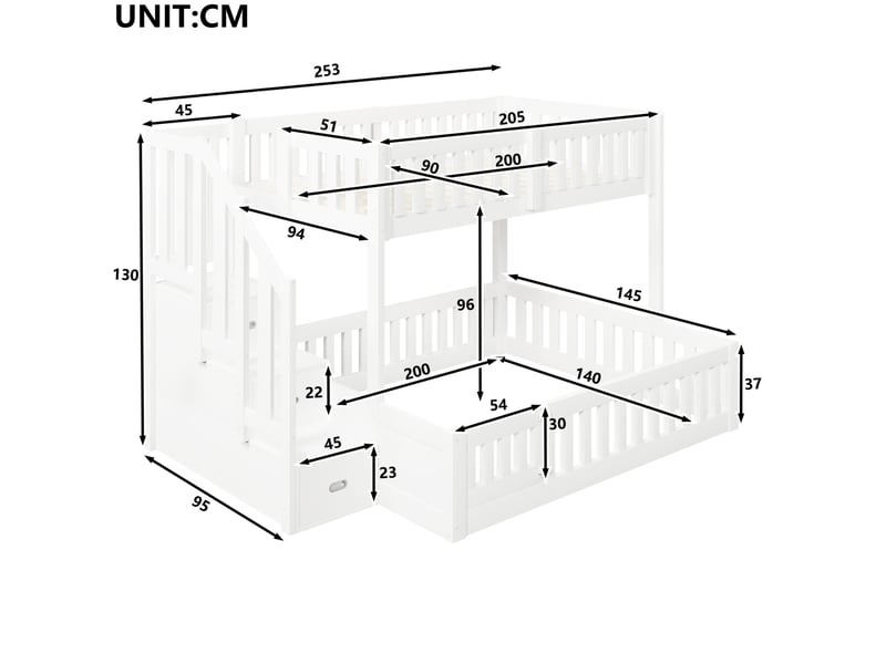  Lit superposé modenvie bas 90 x 200 et 140 x 200 cm avec escalier de rangement blanc  - Conforama C