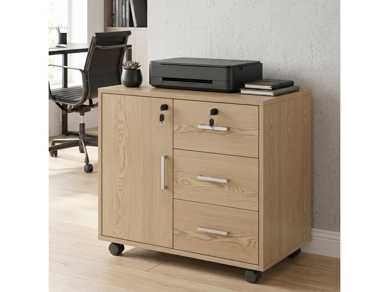  Caisson bureau meuble de rangement verrouillable avec 3 tiroirs et étagère réglable, roulettes, marron clair, 40 x 60 x 56 cm  - Conforama D