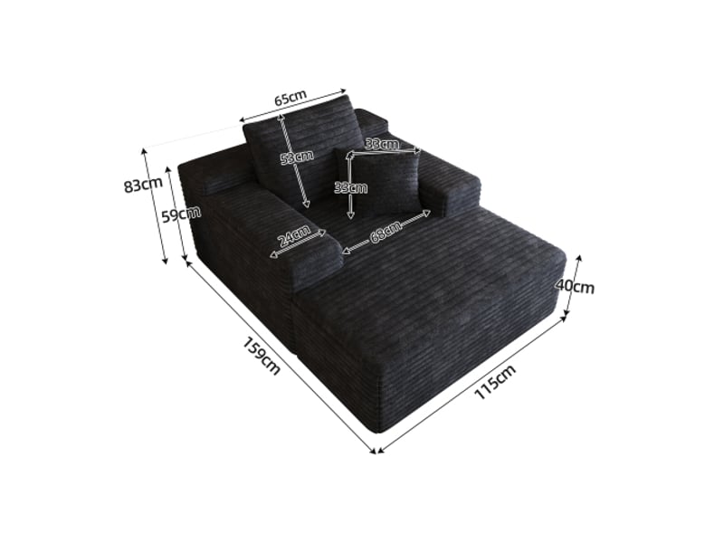  Canapé modulable velours côtelé noir 115x159 cm - chaise-longue - assise profonde - sans montage - salonchambre  - Conforama C
