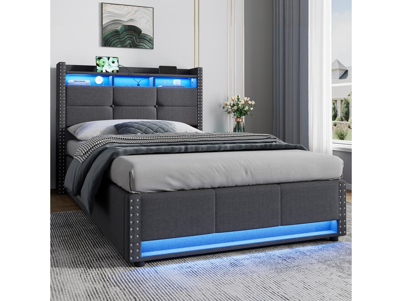  Lit coffre 90x200 cm gris foncé en tissu lin, led, ports usb et sommier inclus  - Conforama E