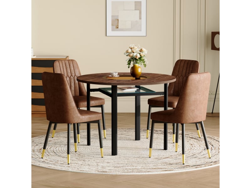 Ensemble salle à manger rond moderne - table ø100 cm bois naturel + 4 chaises brun tissu, pieds noirs métal - Conforama B