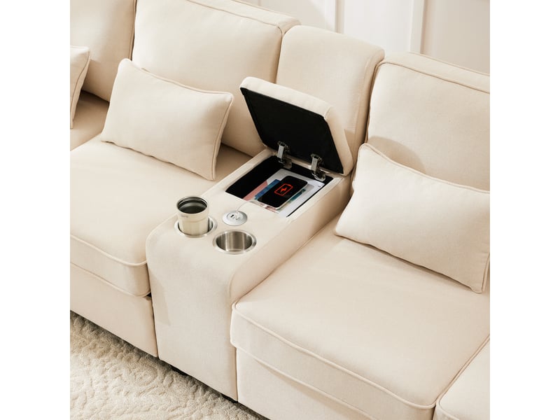 Canapé 4 places en tissu effet lin, avec console, 2 porte-gobelets, 2 ports usb, 4 coussins, 290×83×88 cm - Conforama W