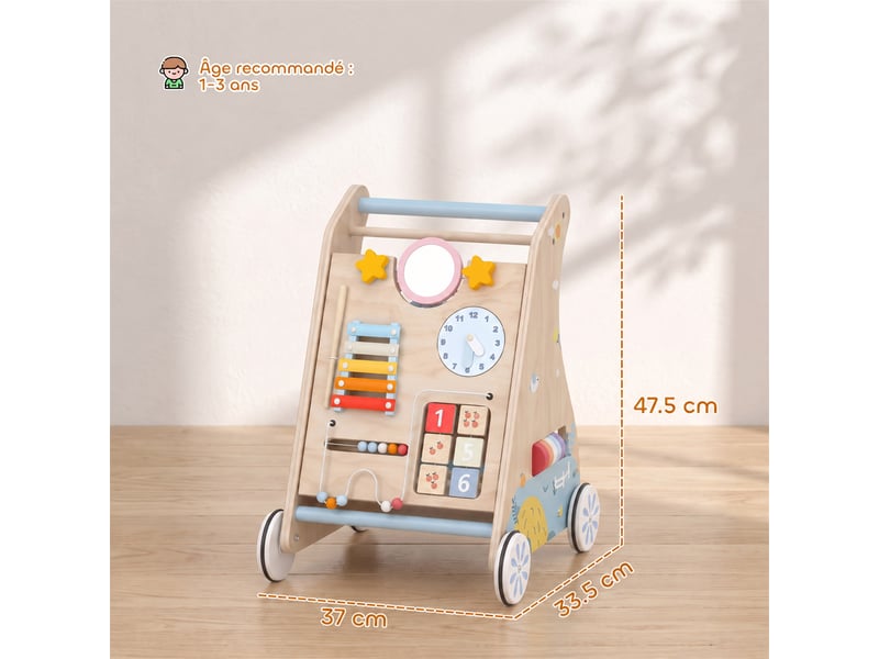  Chariot de marche en bois trotteur bébé avec tableau d'activités  - Conforama C