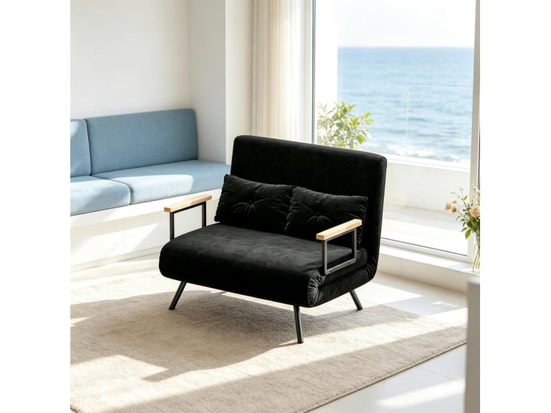  Canapé convertible 2 places 4 en 1 avec dossier réglable sur 5 positions, assise en velours noir et 2 coussins  - Conforama B