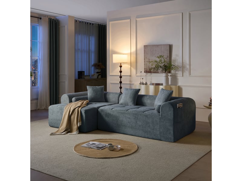 Canapé d'angle bleu en chenille 4 places 263 cm - assise ergonomique et poche latérale - Conforama R