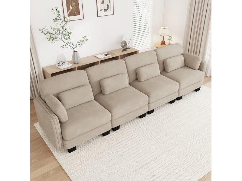 Canapé droit modulaire 4 places 330x88x88 cm, forme ergonomique, coussins de soutien et accoudoirs, chenille, café clair - Conforama D