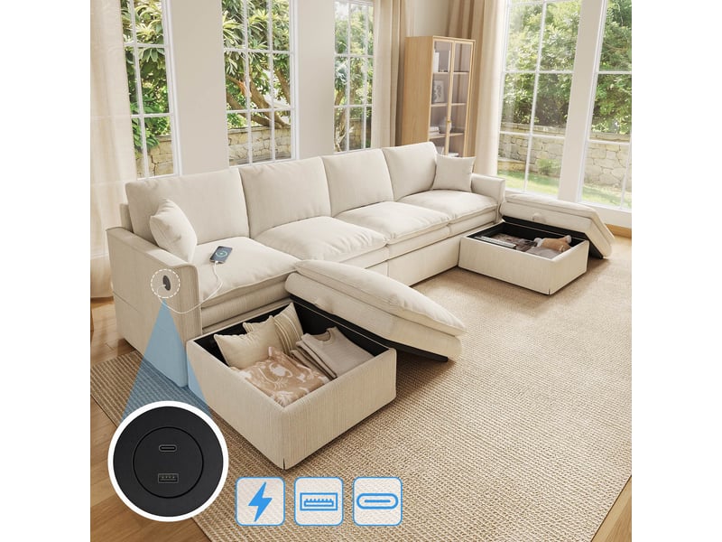  Canapé panoramique modulable 6 places en ul 277x135x80 cm, 2 poufs coffres, usbtype-c, ressorts ensachés, tissu coton et lin beige  - Conforama D