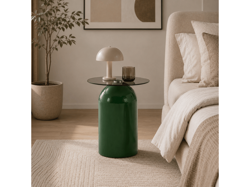  Table basse plateau en verre trempé acier carbone laqué brillant tables empilables finition vert et beige forme en cloche  - Conforama B