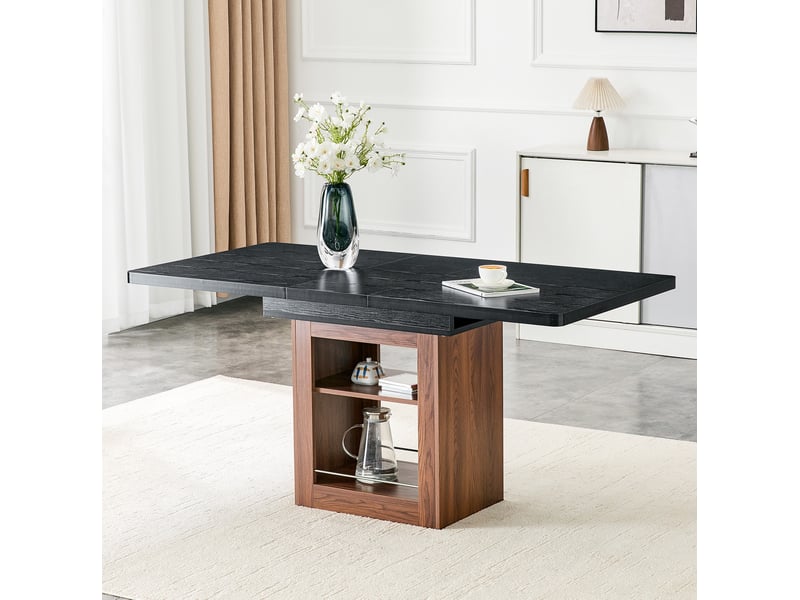  Table extensible avec 2 niveaux de rangement, plateau noir et piètement noyer pour salle à manger, 160 × 80 × 75,5 cm  - Conforama D
