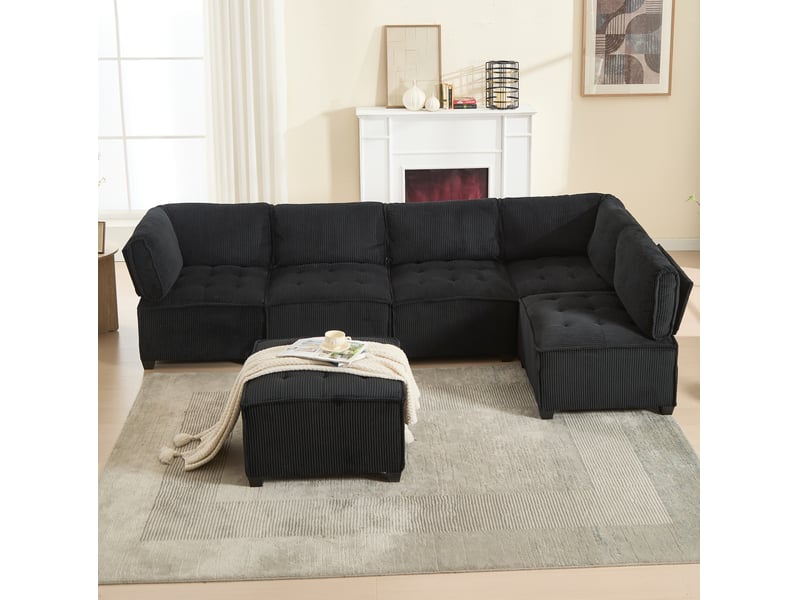 Canapé modulable 6 places en velours côtelé noir - Conforama B