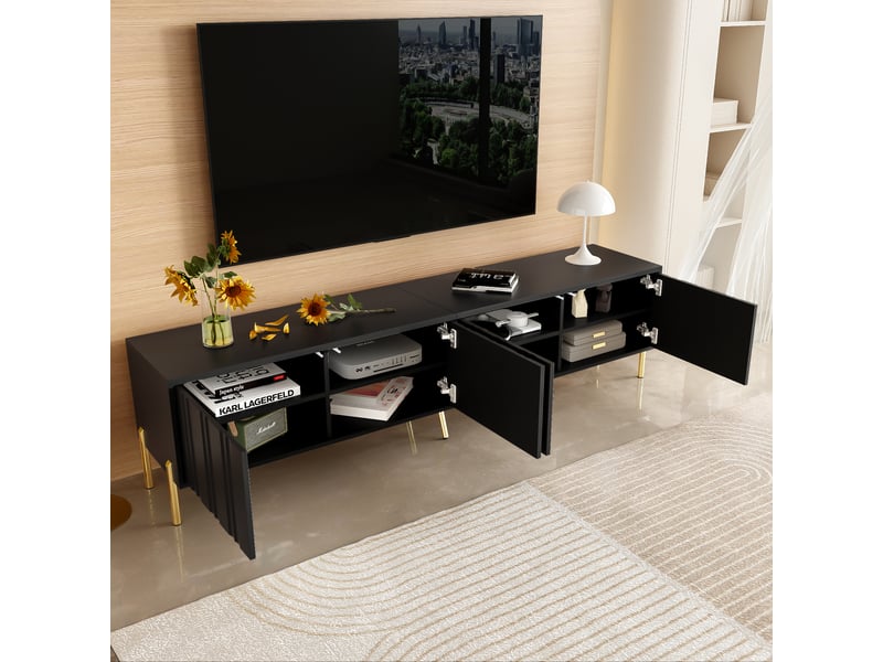  Meuble tv noir 190x38x48 cm, pieds dorés, design élégant contemporain  - Conforama E