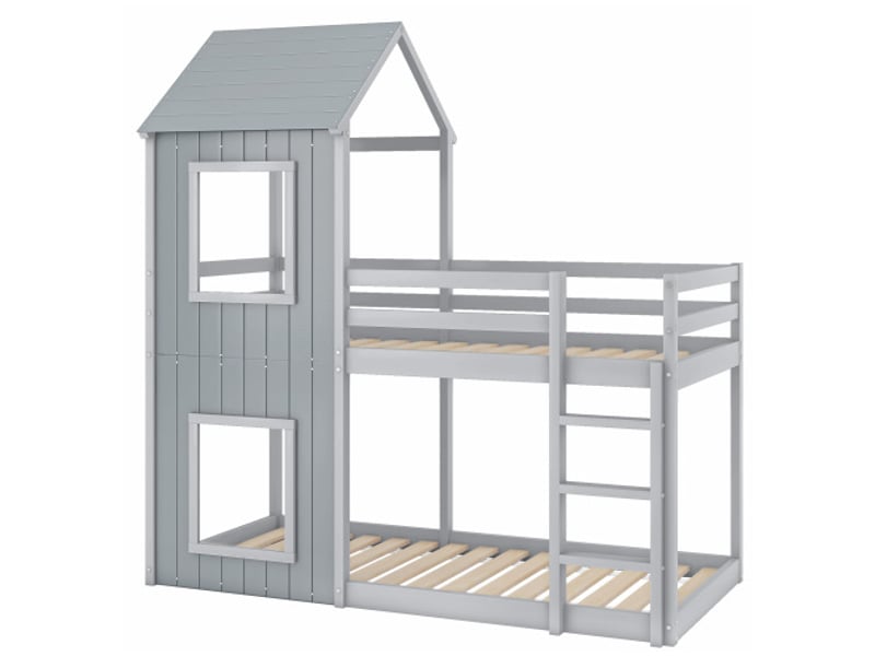  Lit superposé 90x200 cm, lit enfant avec barrière de protection, échelle et baldaquin, en bois, gris, sans matelas  - Conforama E