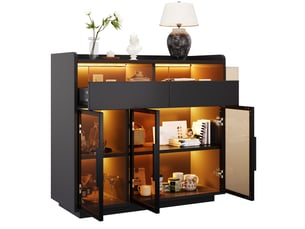 Buffet vitrine 100x40x91.5cm avec verre de sécurité teinté, 2 tiroirs à façade vitrée et éclairage led multicolore, meuble bar, noir