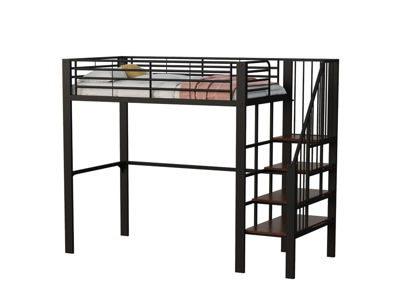  Lit mezzanine 90x200 cm en métal noir avec escalier et espace de rangement  - Conforama B