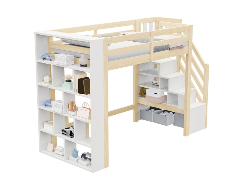  Lit mezzanine 90x200cm avec étagères, escalier de rangement, barrières de sécurité, éclairage led et sommier à lattes, bois, naturel et blanc evarich - Conforama A