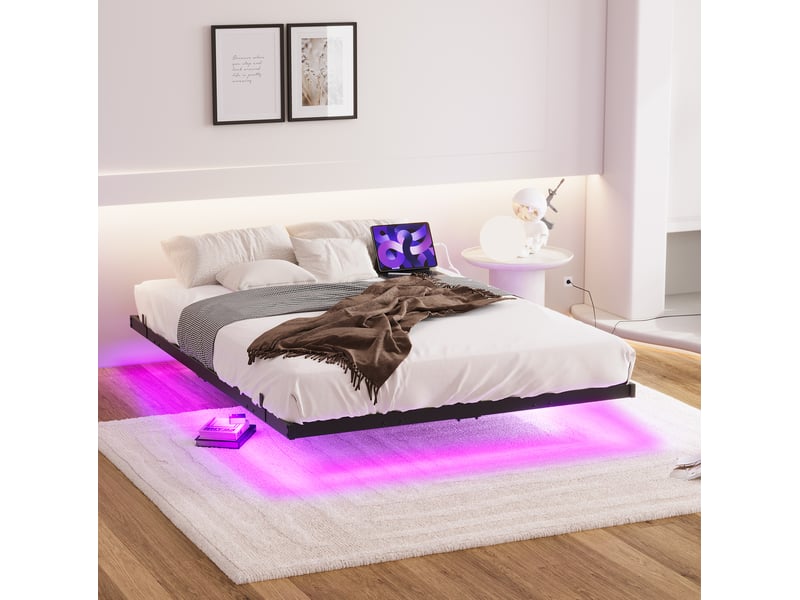  Cadre à lattes 120x200 cm en métal noir avec led, station de charge et cadre flottant  - Conforama E