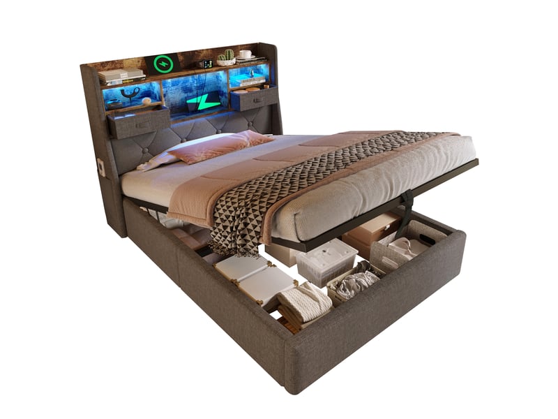  Lit coffre 90 × 200 cm 1 place avec led, 3 ports usb, usb-c et rangements, matelas inclus, en lin gris  - Conforama A