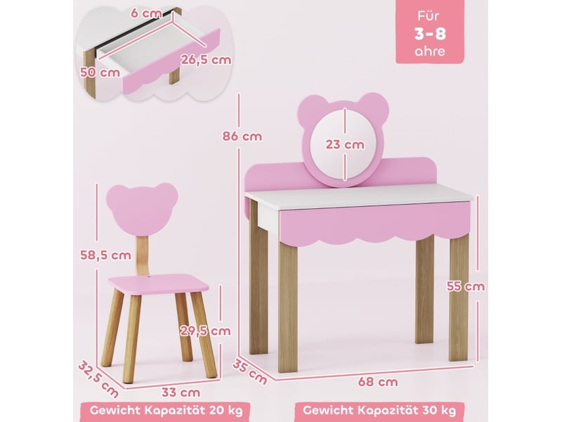  Coiffeuse enfant avec tabouret 68 x 35 x 86 cm – rose – miroir acrylique et rangement  - Conforama C