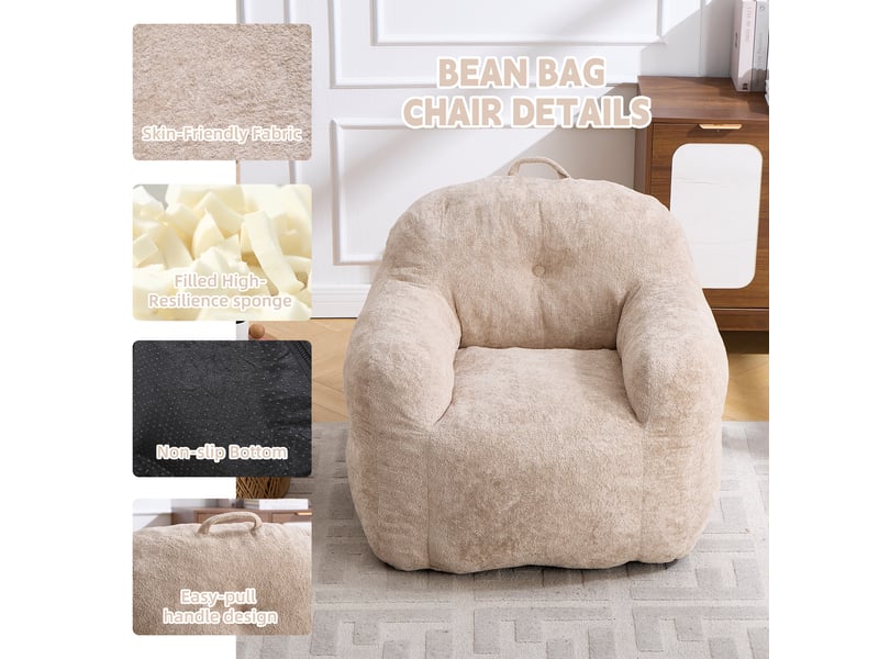 Fauteuil pouf 95x95x79 cm, garniture en éponge déchiquetée, revêtement fausse fourrure avec accoudoirs, pour salon, chambre ou lecture, beige Sol Morn - Conforama E