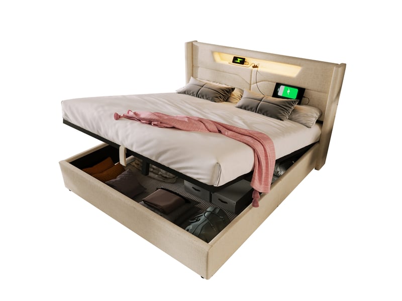  Lit coffre 160 × 200 cm 2 places avec led réglable, usb et type-c, matelas inclus, en lin beige  - Conforama A