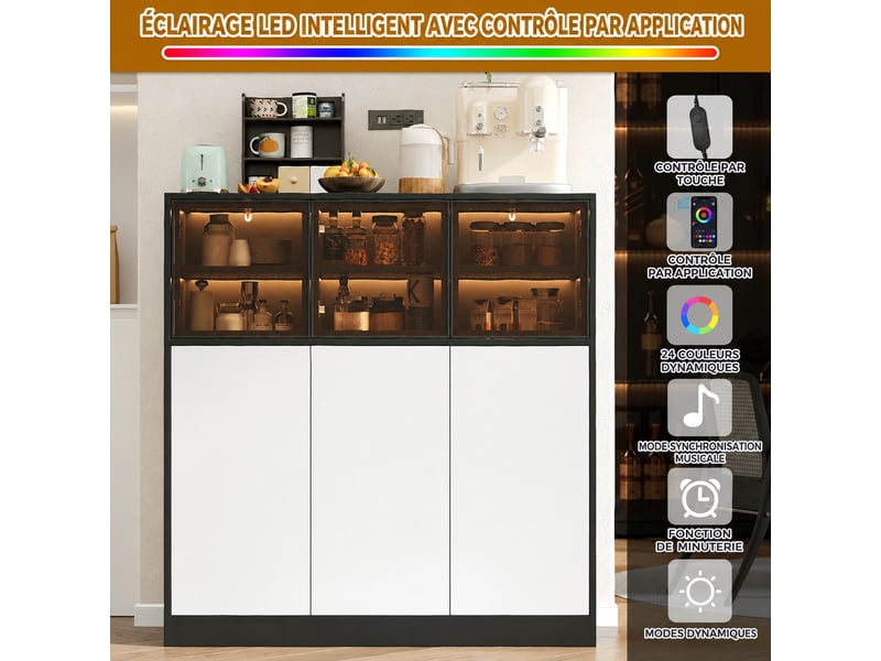 Buffet de rangement avec portes vitrées et éclairage led, 100 x 40 x 105 cm  - Conforama E