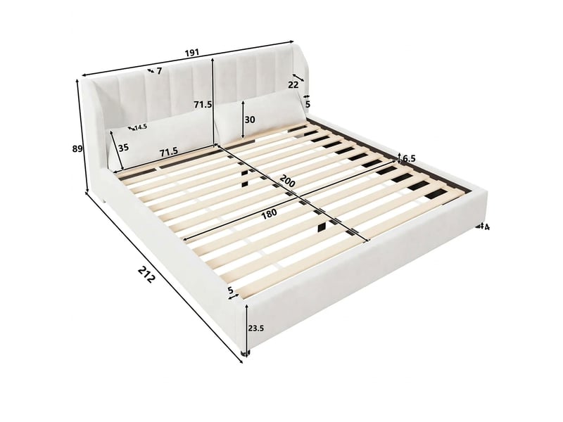  Lit capitonné 180x200 avec sommier à lattes inclus, tête de lit rembourrée, velours beige  - Conforama E