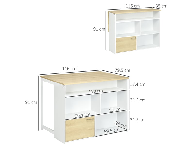  Table de bar moderne en mdf pour 2 personnes avec 4 étagères ouvertes et un placard, 116 x 79,5 x 91 cm  - Conforama E