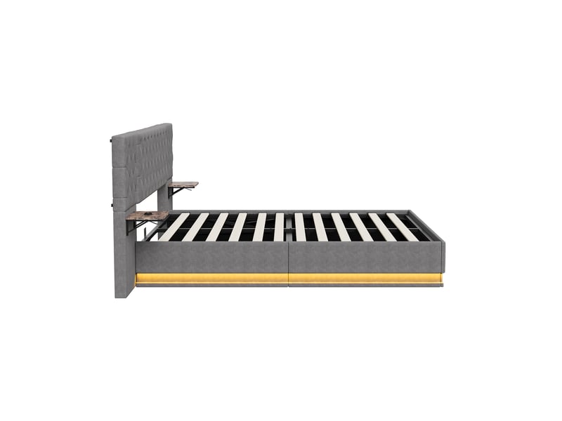  Lit coffre 2 places européen 160x200 cm, lit adulte, rangement, 2 chevets, led, recharge sans fil, port usb, lin gris  - Conforama W